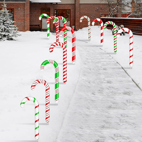 Glenmal 12 Pcs Christmas Candy Cane Yard Decor Outdoor Lawn Garden Yard Sign Red Green White Candy Cane Decoration Christmas Decoration with Stakes for Xmas Holiday Decor