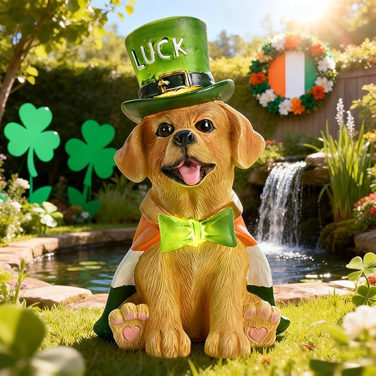 TERESA'S COLLECTIONS Saint Patrick's Day Decor, Dog Statue with Irish Costume and Solar Light, Waterproof Resin Garden Decor, Saint Patrick's Day Decor Gift for Party 8 Inch