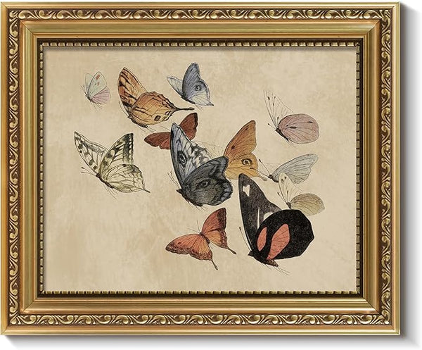 ARPEOTCY Vintage Gold Framed Wall Art, Classical Flying Butterflies Paintings, 8x10 inch Small Aesthetic Canvas Prints Artwork with Frame, Victorian Wall Decor for Living Room Bathroom Bedroom Shelf