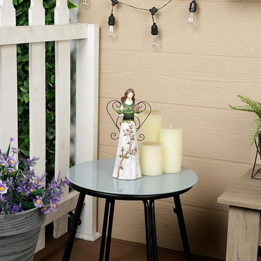 Alpine Corporation WQA1554 Floral Woodland Angel Holding Leaf Statue, Sentimental Home Décor for Patio & Garden, 12"H