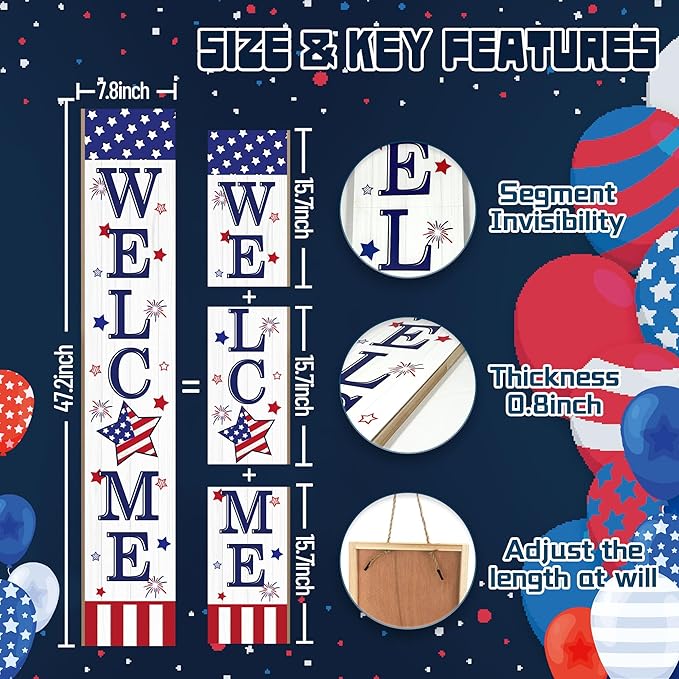 Patriotic 4th of July Welcome Sign for Front Porch, 250th Anniversary Memorial Day Wooden Porch Sign For Outdoor Patio, USA American Flag Standing Yard Sign Summer Door Signs for Garden Wall