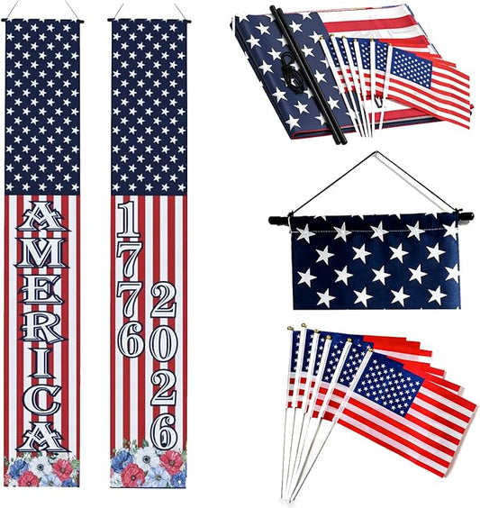 4th of July Decorations Outdoor - 2 Pack 250th Anniversary Patriotic Porch Banners with 6 USA Hand Flags, 1776-2026 Semiquincentennial Hanging Sign Set for Independence Day Party, Balcony Fence Garden Wall Decor