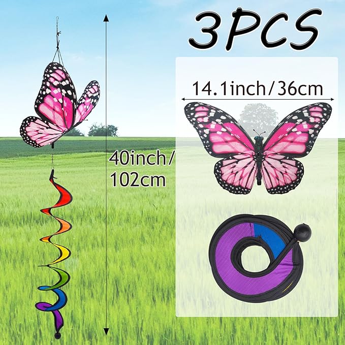 3pcs Butterfly Windmill, Garden Wheel Spinner, Hanging Windsock, Colorful Pin Wheel, Fabric Windmill Wheel, 40inch Whirligigs Windmill, Outdoor Courtyard, Lawn, Decoration Wind Spinner