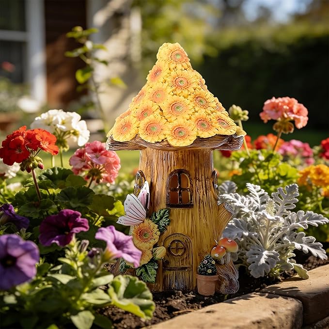 Resin Sunflower House Statue Solar Light, LED Waterproof Decorative Light, Birthday Gifts for Women Mom Grandma, Outdoor Sunflower Garden Statue Decoration for Garden Yard Patio Lawn Balcony Porch