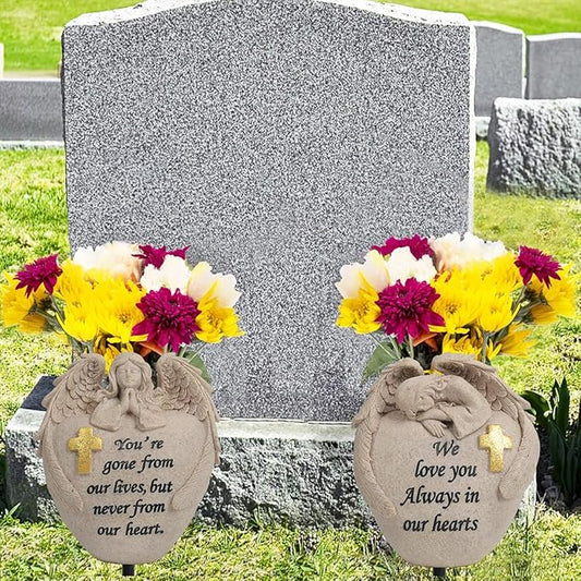 Angel and Cross Cemetery Cemetery Memorial Vase, Cemetery Flower Grave,2-Piece Angel Cemetery vase with Iron Spikes,Garden Decoration, Memorial Gift for Lost Love (3 Granite)