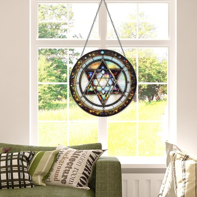 Star of David Stained Glass Window Hanging Suncatcher with Chain - 7.9" Outdoor/Indoor Art Decor for Home Garden, Thanksgiving, Wedding, Mother's, Valentine's & Christmas Ornaments Present