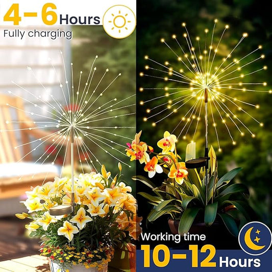 4 Pack Solar Firework Lights Outdoor, Adjustable 32" to 51" Extra Tall, Verified 200 LED Warm White Stainless Steel 3-Section Pole, 8 Modes Waterproof Starburst Garden Lights for Large Yard