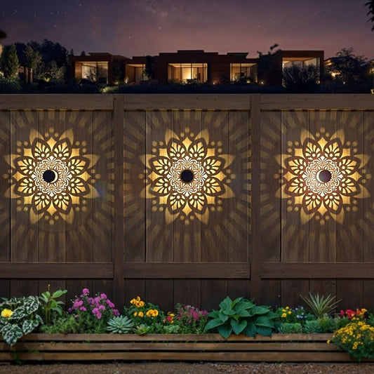 2 Pack Solar Fence Lights Metal Solar Powered Outdoor Wall Deck Step Lights Mandala Theme Waterproof Fence Light for Garden Post Patio Backyard Yard Decor, Gardening Gifts for Women Mom Grandma