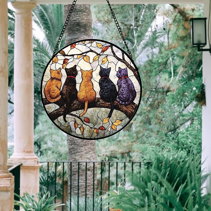 DASTOLL Stained Glass Window Hanging - 5 Cats on a Branch Suncatcher for Window Doors Home Decoration and Christmas, Mother's Day Father's Day Birthday Gifts for Women, Men, and Mom 9.8x9.8 in