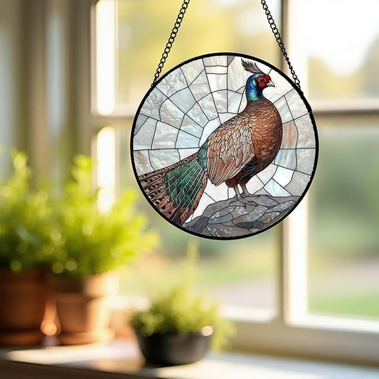 CHATYOUNG Stained Glass Window Hanging Peacock 7.8" - Birds Suncatcher Door Garden Home Decor and Christmas Valentine for Grandma Nana Mom Women Wife Men Bird Lovers