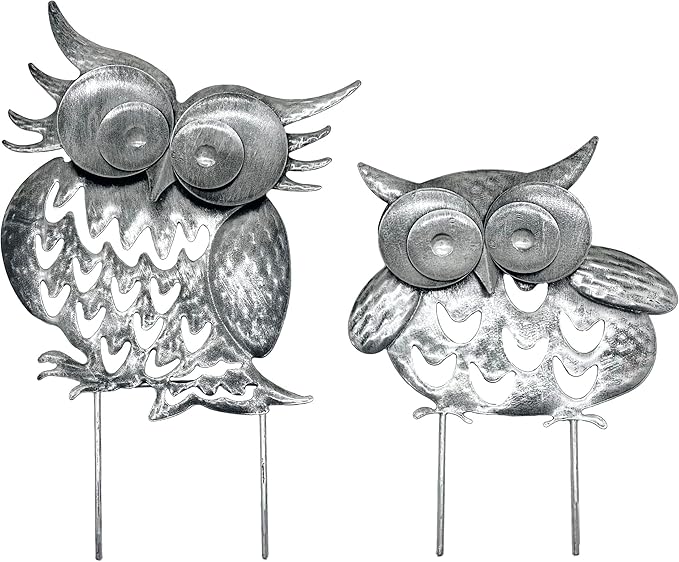 Pack of 2 Metal Owl Garden Statues Silver Silhouette Stakes Decorative Outdoor Animal Sculptures for Yard Decor and Lawn Ornaments