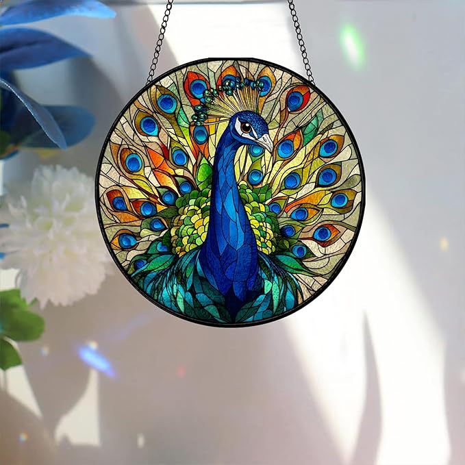 Bimkole Peacock Stained Glass Suncatcher Window Hanging - Animal Indoor Window or Doorway Decoration - Handmade Sun Catcher Decor for Garden Home Christmas & Birthday Gifts 7.87x7.87 inch