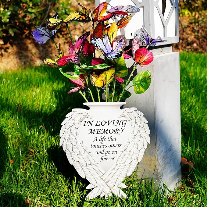 Solar Angel Wing Memorial Stake - Metal Silhouette Grave Decorations for Cemetery - Flat Outdoor Sympathy Gift with Butterfly Lights & Flowers - Bereavement Decor for Loss of Mom Dad(with Flowers))