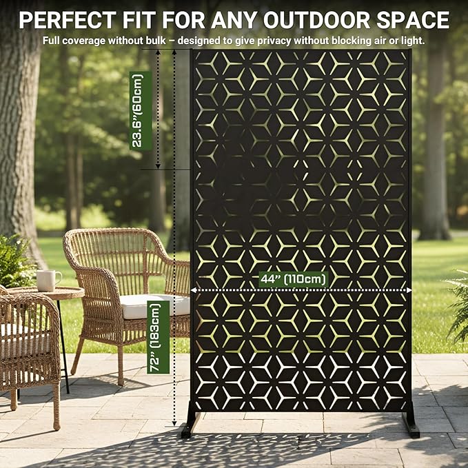 6FT Metal Privacy Screen Outdoor โ Decorative Laser Cut Privacy Fence Panel for Patio, Deck & Garden, Rustproof Steel Privacy Divider, Modern Geometric Design, Freestanding Outdoor Privacy Screen