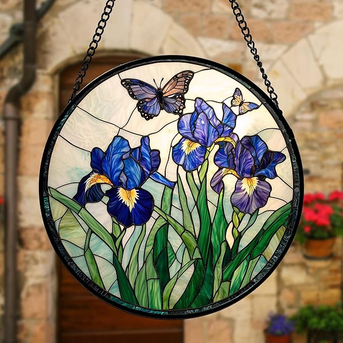 DASTOLL Stained Glass Window Hanging, Blue Purple Butterfly Flower Suncatcher Diamond Colorful Glass Panel Sun Catchers Decor for Birthday for Women, Men, Wife, Aunt, and Mom 6.3 in