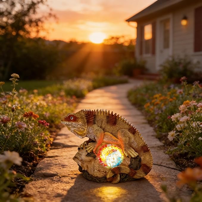 Solar Chameleon Garden Statues Decor for Outdoor, Khaki Chameleon Figurine Lights for Lawn Patio Yard Decoration - Unique Christmas Housewarming Gifts for Grandma Wowen Mom