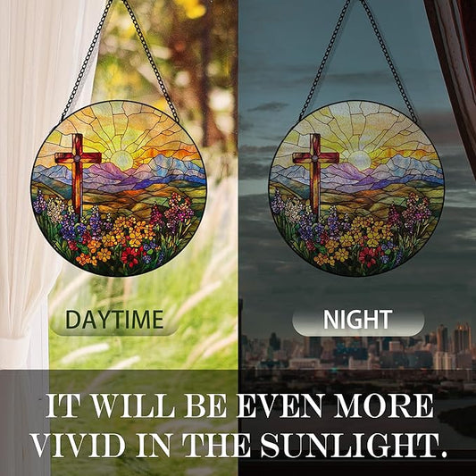Cross Flower Suncatcher Stained Glass Window Hanging, Christian Wildflower Sunset Landscape Sun Catchers Indoor Window Glass Round Wall Decor, Religious Wall Art Hanging Decorations, "7.8x7.8"