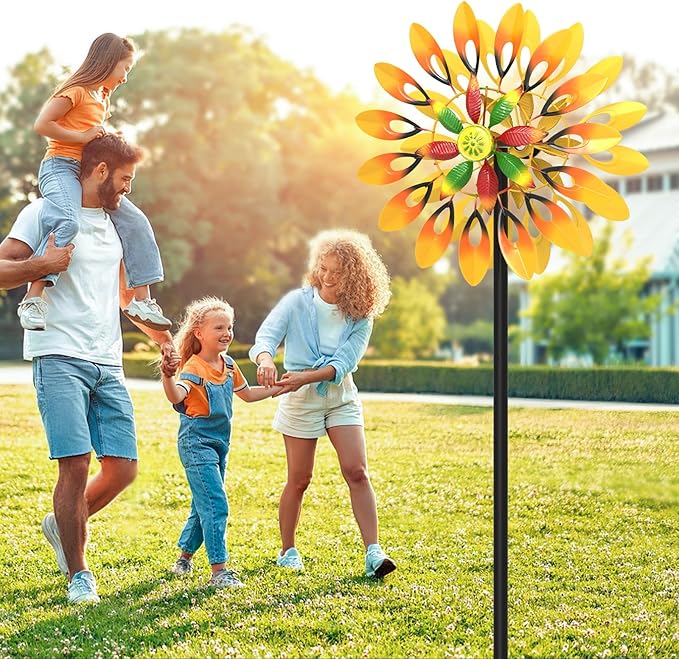 Metal Sunflower Wind Spinner Outdoor, 13" W x 64" H Large Double Windmill Pinwheels with 5 Prong Stake, Kinetic Wind Sculpture for Backyard Garden Patio Lawn Art Decor Yellow