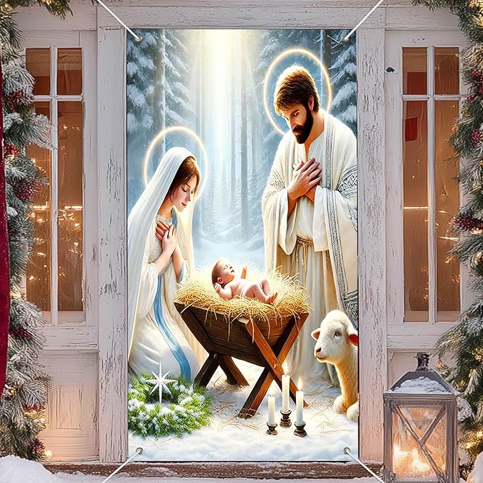 IVN Christmas Door Cover Decoration 71 x 35 in Holiday Banner Holy Night Nativity Scene in Snowy Forest Photo Backdrop Indoor Outdoor for Front Door Party Decorations
