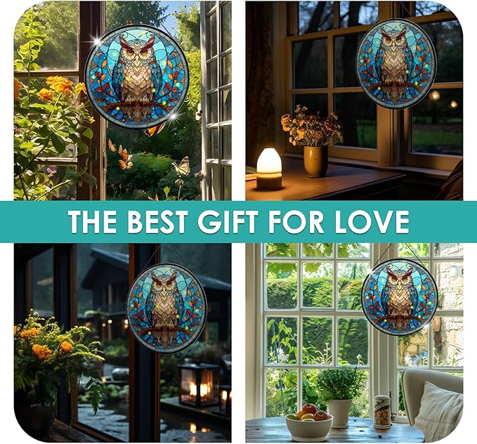 Owl Stained Glass Window Hanging, 7.9" Owl on a Branch Suncatcher for Window Doors Home Decoration, Owls Decor for Home, Mother's Day Christmas Birthday Gifts for Owls Lovers Women Men