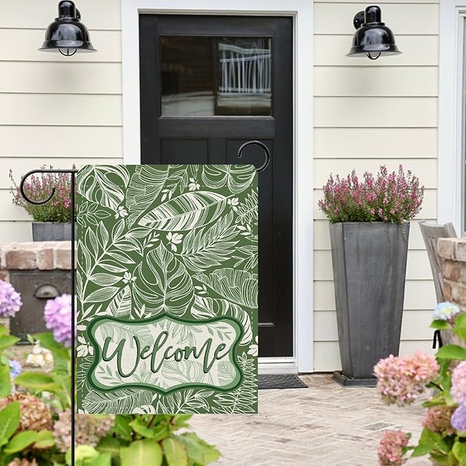 Dyrenson Welcome Green Leaves Decorative Garden Flag, Tropical Plant Monstera Botanical Yard Outside Home Decoration, Spring Summer Floral Burlap Outdoor Small Decor Double Sided 12 x 18