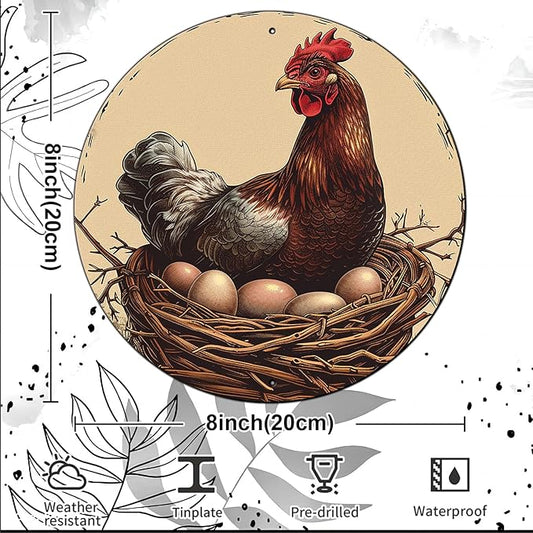 Chicken Coop Hen Vintage Metal Tin Sign Chicken Wreath Wall Decor Kitchen Farmhouse Outdoor Chicken Decor For Chicken Lovers Chicken House Decor 8 Inch