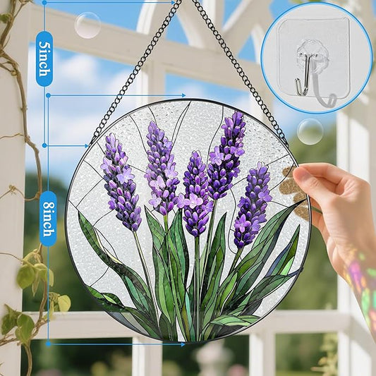 Stained Glass Window Hanging, 8 Inch Lavender Stained Glass Suncatcher, Flower Sun Catcher, Window Hanging Decor, Flower Lovers Gift for Her, Housewarming Gift, Gifts for Lover, Bestie and Couple