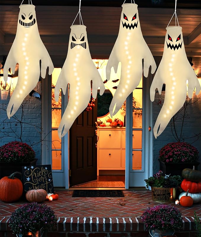 Geefuun 4PCS Warm Light Halloween Fierce Ghost Windsocks Hanging Decorations - 43 Inch Flag Wind Socks for Home Yard Outdoor Decor Party Supplies (Batteries Not Included,No Timer)