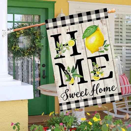 ORTIGIA Summer Lemon House Flag 28 x 40 Inch Double Sided Burlap Home Sweet Home Yellow Fruit Yard Flag Holiday Spring Farmhouse Seasonal Outdoor Outside Decoration (Large)