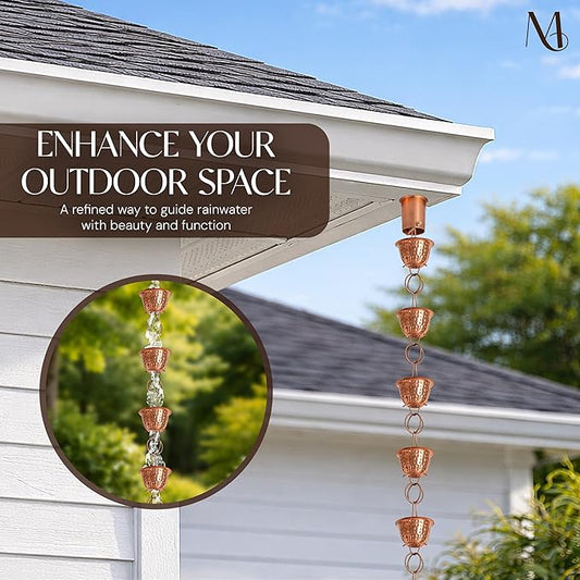 Monarch Rain Chains Pure Copper Hammered Cup Rain Chains for Gutters – 8.5 ft Decorative Rainchain Outdoor Durable Heavy Duty Gutter Chain Downspout Replacement, Modern Rainchains for Outside