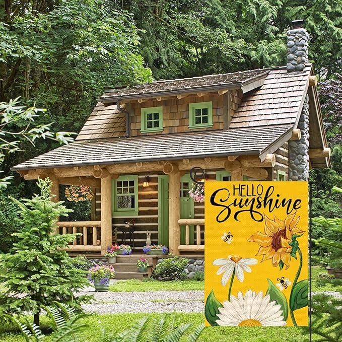 AVOIN colorlife Daisy Sunflower Hello Sunshine Garden Flag 12x18 Inch Double Sided, Summer Seasonal Holiday Burlap Yard Outdoor Decoration Yellow