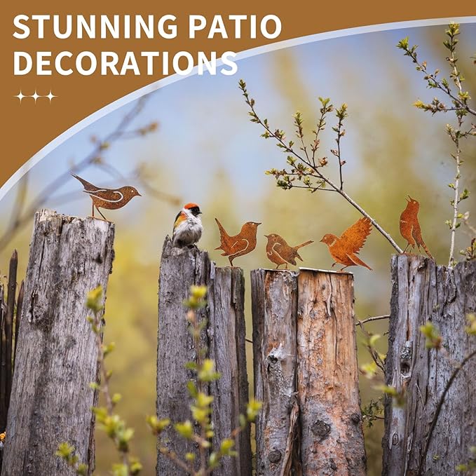 Geila 5PCS Rusty Birds Decoration, Fence Decorations Outdoor, Metal Birds Yard Decor Perfect Yard Art and Large Outdoor Ornaments (D)