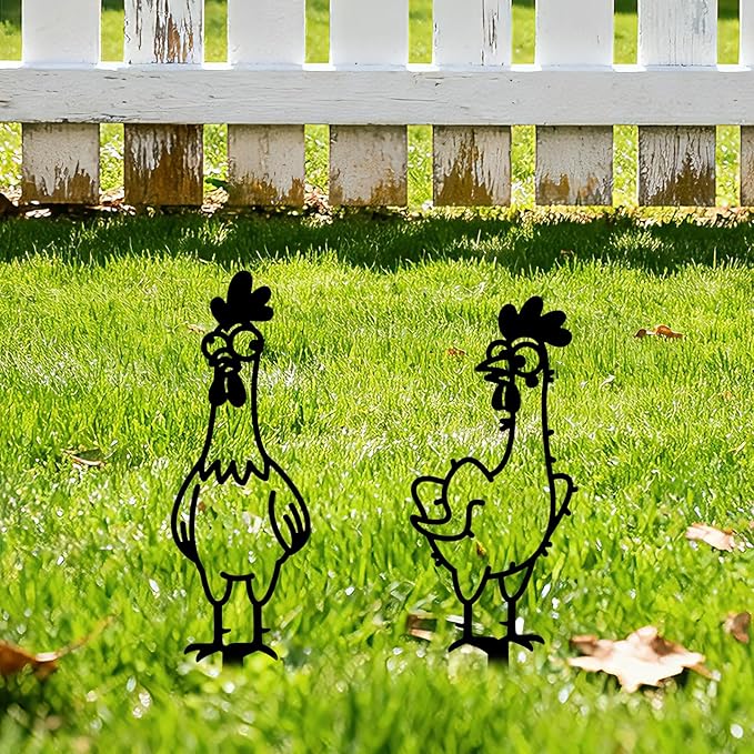 GLOBLELAND 2pcs Cute Cartoon Chicken Mental Garden Stakes Black Silhouette Chickens Decorative Yard Stakes Trees Metal Outdoor Art Decor for Yard Patio Lawn Walkway Ornament