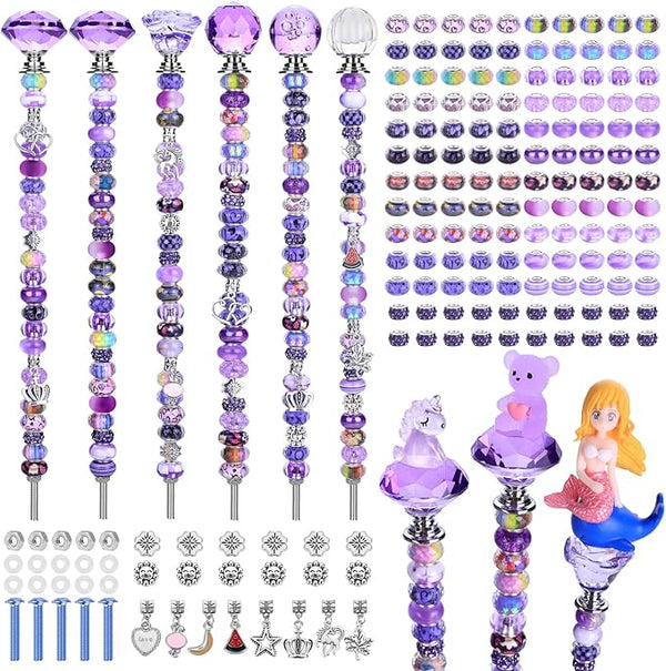 AIPRIDY 158 Pcs DIY Fairy Wand Garden Stakes Kit,Multiple Color Scheme European Beads Crystal Diamond Tops and 12 or 10 Inch Threaded Rods,Stainless Steel Stakes with Diamond Toppe(Purple)
