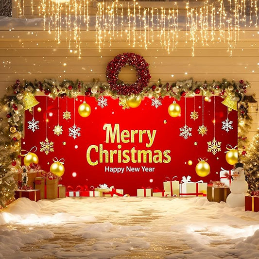 IVN Christmas Garage Door Cover Decoration 13x6ft Red and Gold Ornaments Snowflakes and Gift Boxes Merry Christmas Winter Garage Door Banner Home Door Front Yard Decor for Xmas Eve Holiday Outdoor