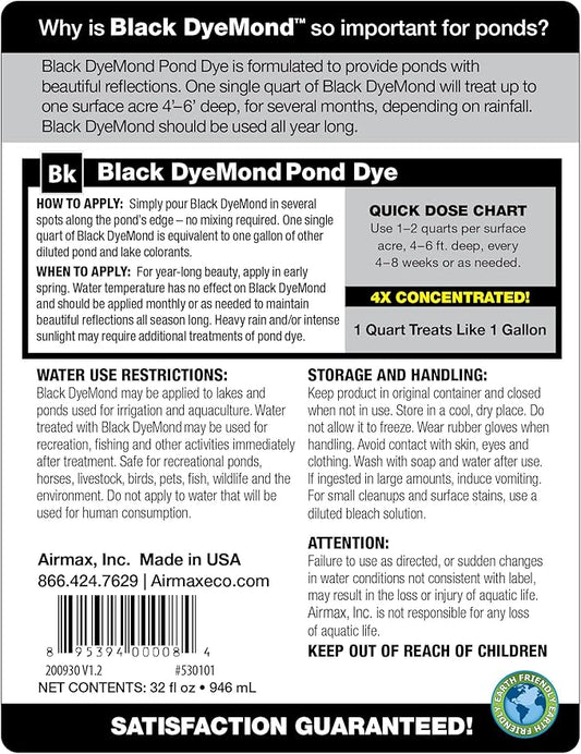 Airmax Black DyeMond Pond Dye 4X Concentrate for Outdoor Ponds & Lakes, Natural Pond Color& Beauty Enhancer, Swimming Safe Water Colorant, Easy Liquid Application, 1 Quart