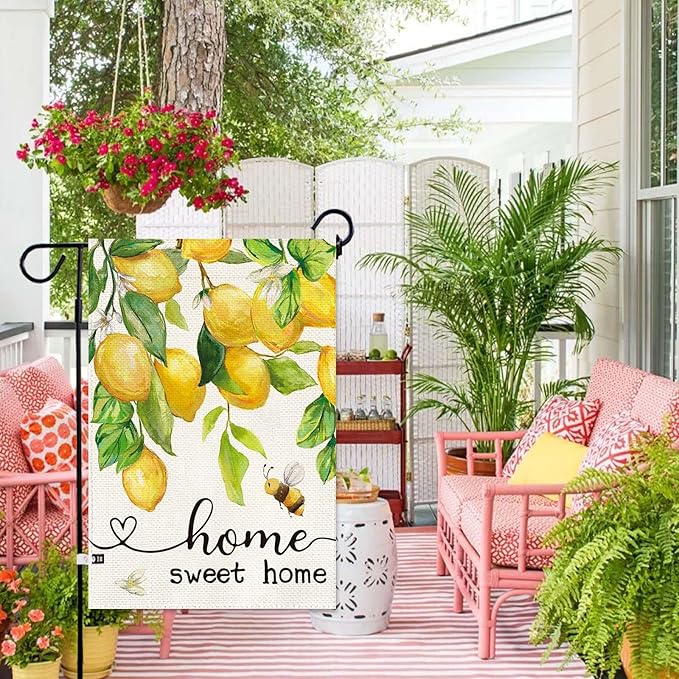 Baccessor Spring Garden Flag Lemon Bee Floral Home Sweet Home Small Yard Flag 12.5 X 18 Inch Double Sided Burlap Summer Welcome Flag for Outside Outdoor Decor