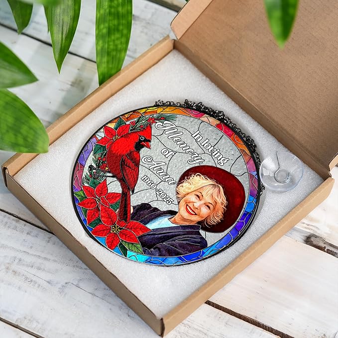 Personalized in Loving Memory Stained Glass Suncatcher, Custom Photo Window Hanging with Name & Date, Red Cardinal Suncatcher Remembrance for Loss of Loved One, Grandparent Memorial Gift