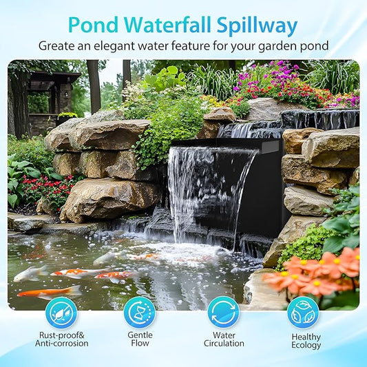 POPOSOAP Pond Waterfall Spillway Kit with LED Lights, 13.4" H x 12" W Stainless Steel Spillway with 660GPH Pond Pump, Filtration, 10FT Corrugated Tubing Waterfall for Water Garden, Backyard, Pool