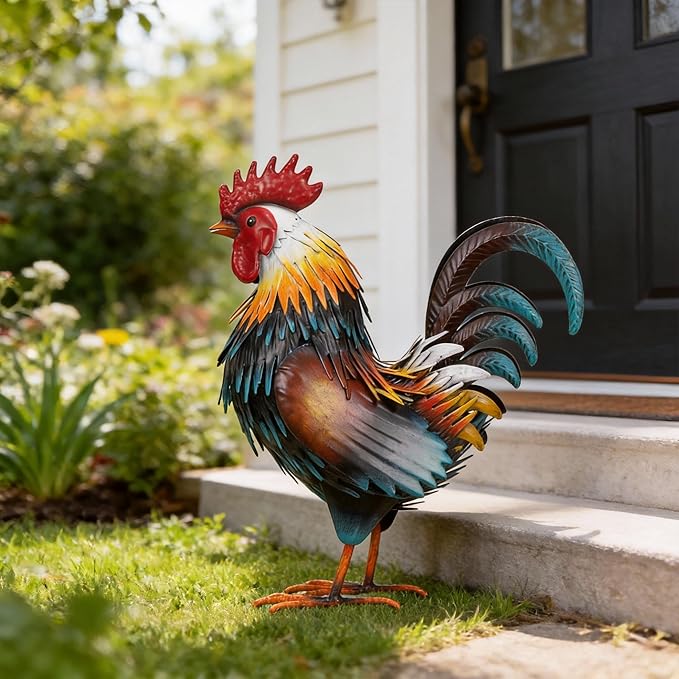 Ratuor Rooster Garden Statue Sculpture Metal Chicken Yard Decor Outdoor Figurines Patio Backyard Decoration (Yellow)
