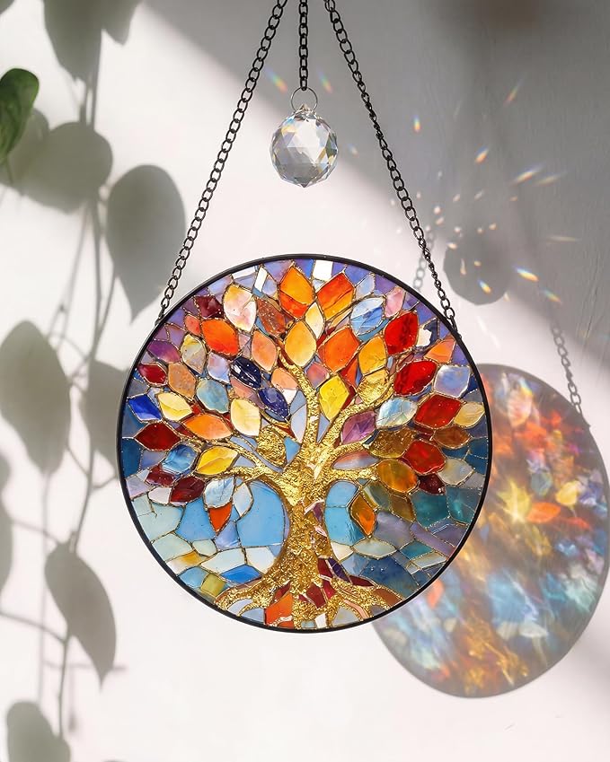 Stained Glass Window Hanging Tree of Life Sun Catcher, 7.8 Inch Suncatchers for Windows Hanging, Tree of Life Window Art Home Decor Gift for Women