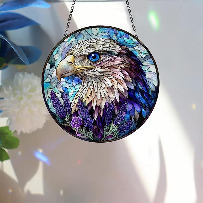 Bimkole Eagle Stained Glass Suncatcher Window Hanging - Animal Indoor Window or Doorway Decoration - Handmade Sun Catcher Decor for Garden Home Christmas & Birthday Gifts 7.87x7.87 inch