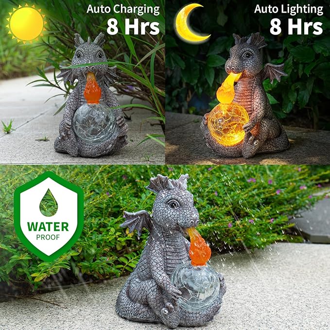 mopha Solar Garden Outdoor Statues Dragon Holding Magic Orb with Solar LED Lights Lawn Décor Dragon Sculpture for Garden Yard Lawn Balcony and Home, for Women