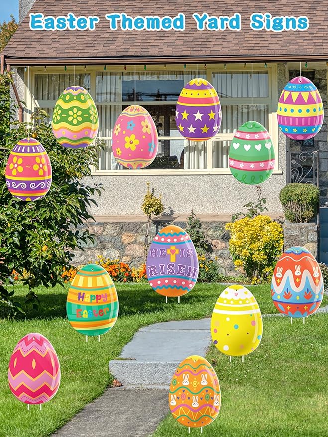 12Pcs Easter Yard Signs Outdoor Decorations Pastel Easter Egg shaped Yard Sign with Stakes Colorful Eggs Yard Signs for Garden Lawn Home Party Supplies(12 Pcs Eggs)