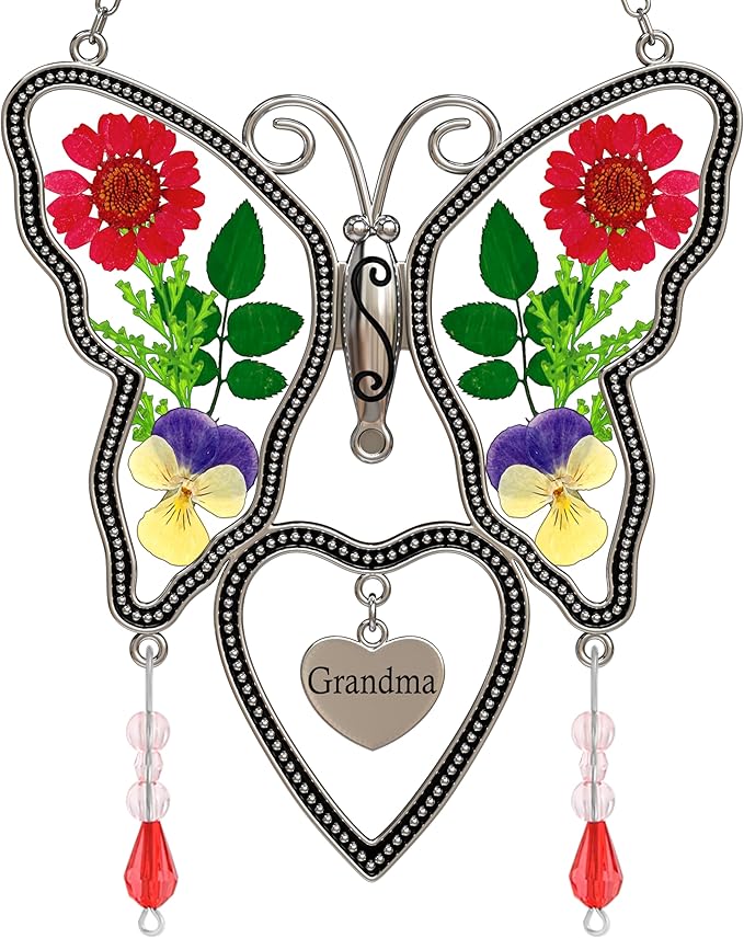Suncatcher Grandma Butterfly Heart Shaped Glass Suncatcher with Pressed Flower Nana Gifts Wind Chimes with Real Flowers, Pendant Birthday Gifts for Grandma Mother`s Day Indoor Décor