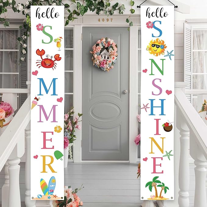 Lofaris Hello Summer Porch Sign Banner Hello Sunshine Party Decorations Beach Hanging Flag Summer Vacation Holiday Party Decor Yard Front Door Supplies