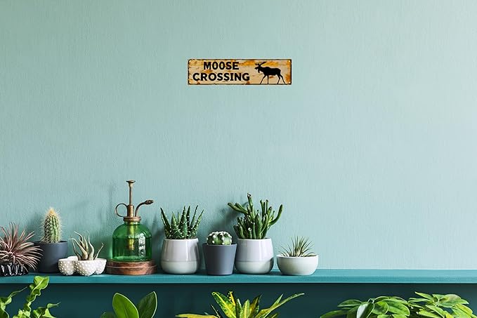 WSUPBPR Funny Metal Sign Decor Moose Crossing Road Signs Warning Sign Outdoors Wall Fence Forest Decor coffee Bar Art 16x4 in