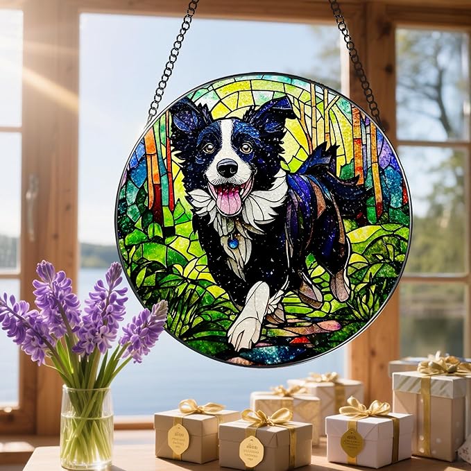 8โณ Stained Glass Window Hanging Ornament, Border Collie Stained Glass Suncatcher Ornament, Sun-Catcher Window Decor | Gifts for Dog Lovers, Dog Lover Gift, Pet Lover Gift