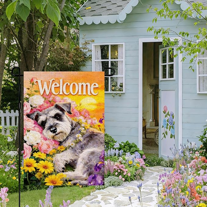 IVN Welcome Dog Garden Flag 12x18 Inch – Floral Puppy Spring Summer Outdoor Flag, Double Sided Burlap Yard Flag for Porch Lawn Patio Decor