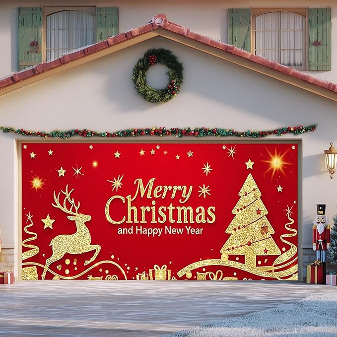 IVN Christmas Garage Door Cover Decoration 13x6ft Santa Glitter Gold Tree Reindeer on Red Holiday Christmas Garage Door Banner Home Garage Door Front Yard Decor for Xmas Eve Holiday Outdoor